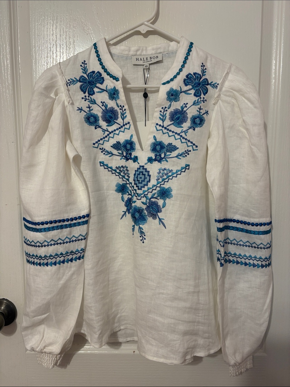Hale Bob White Linen Tunic with Blue Floral Embroidery